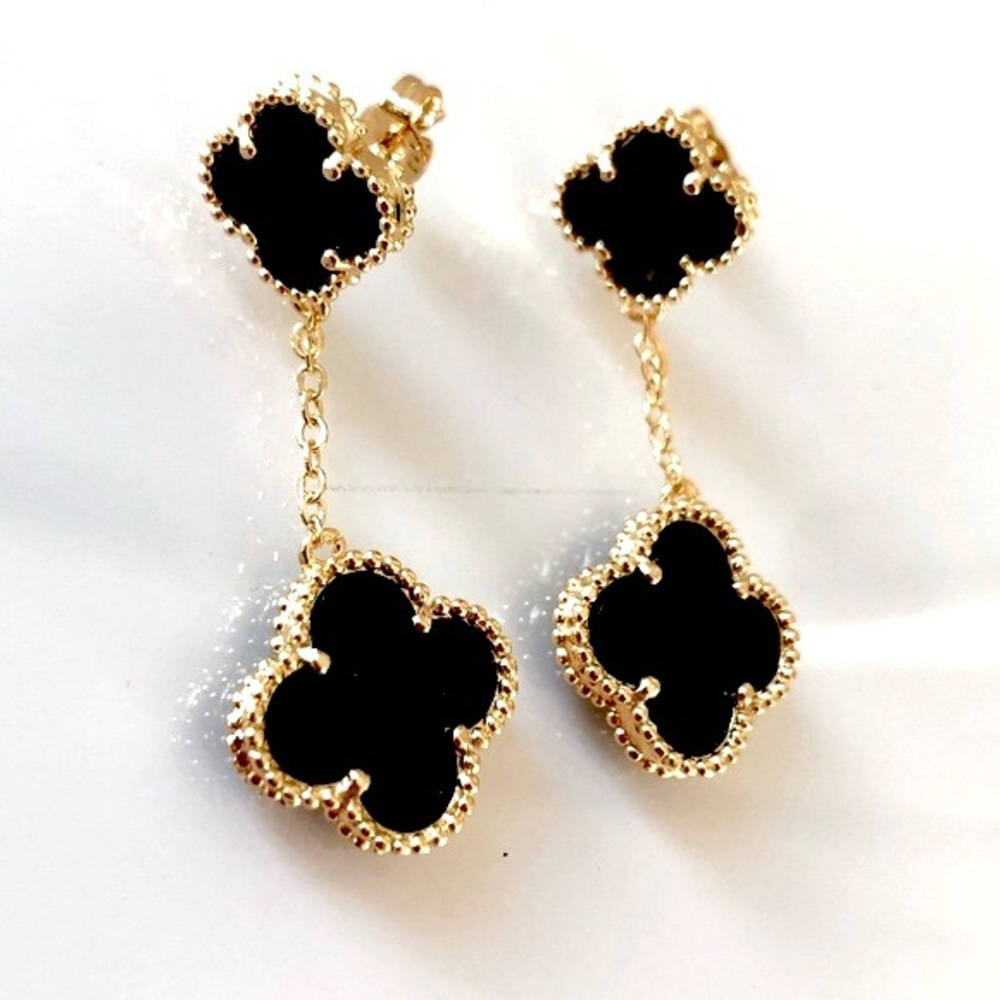 Black Onyx Clover Quatrefoil Drop Gold Earrings